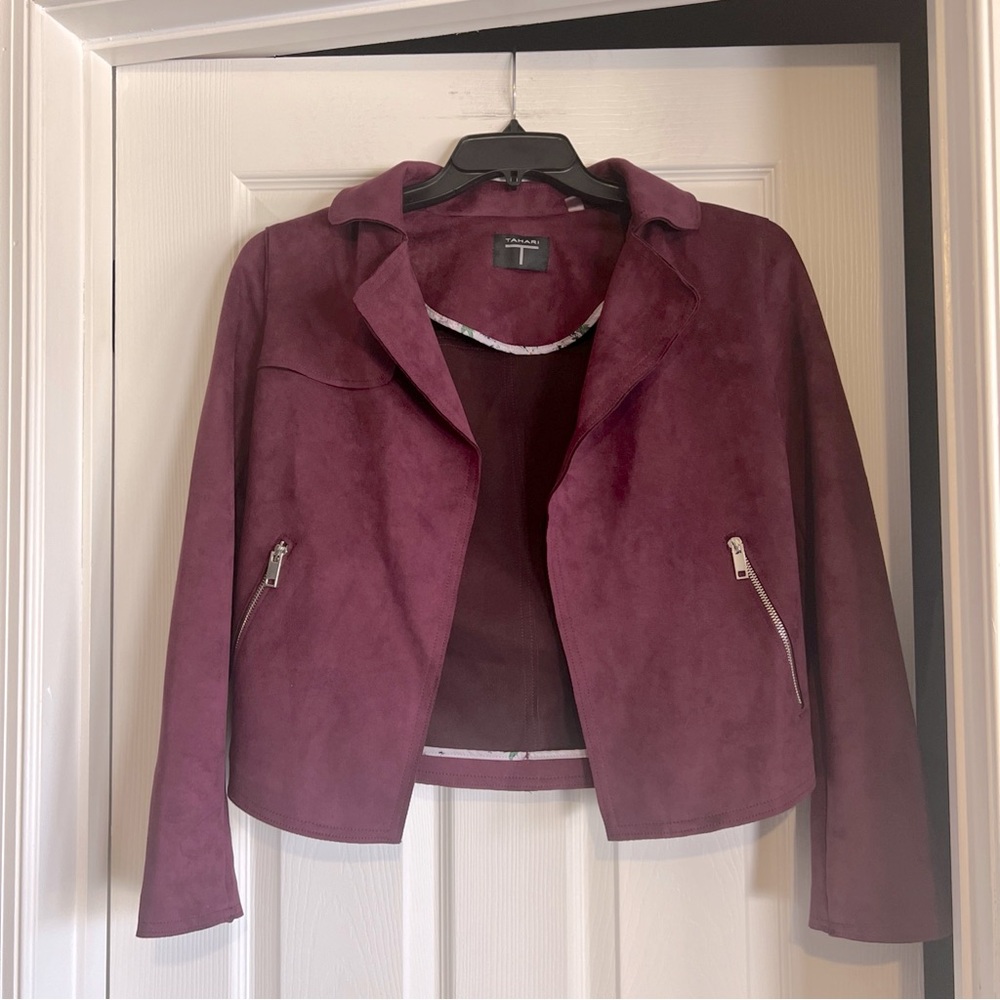 Tahari Faux Leather Purple Maroon Open Front Jacket Small